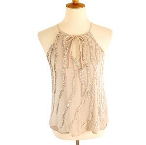 Parker Silk Beaded Sequins Tiger Stripe Halter Top Taupe Champagne XS